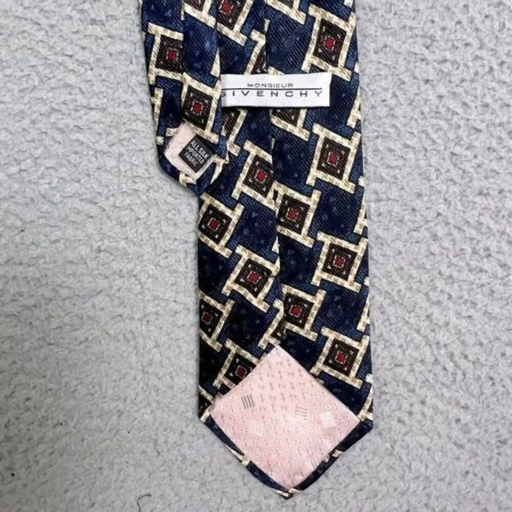 GIVENCHY MENS SILK TIE BLUE WITH GEOMETRIC SHAPES